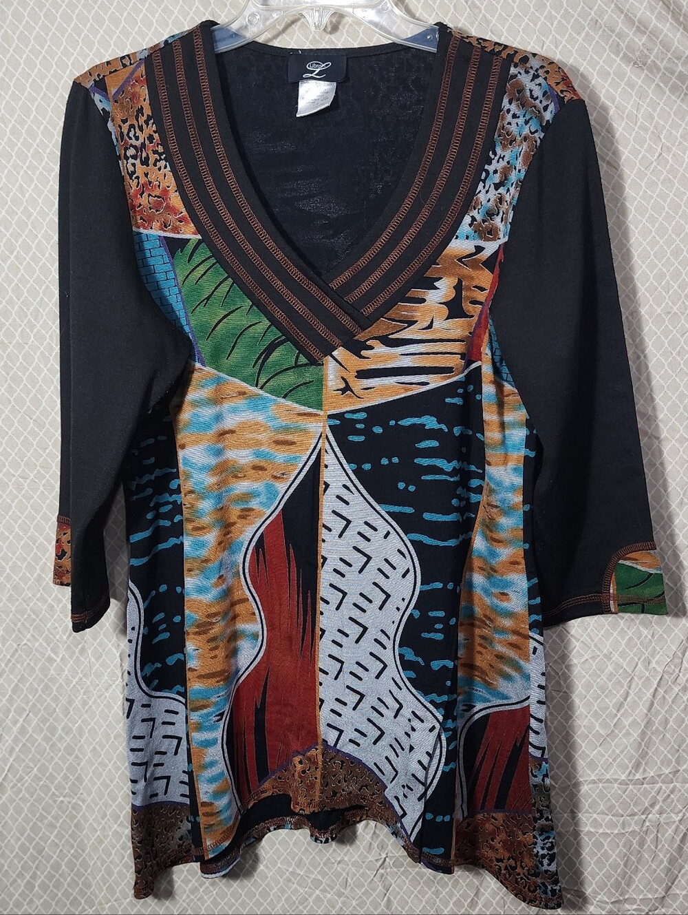 Libra 3/4 Sleeve Tunic Top Vibrant Geometric Patchwork Design Women's Large Used